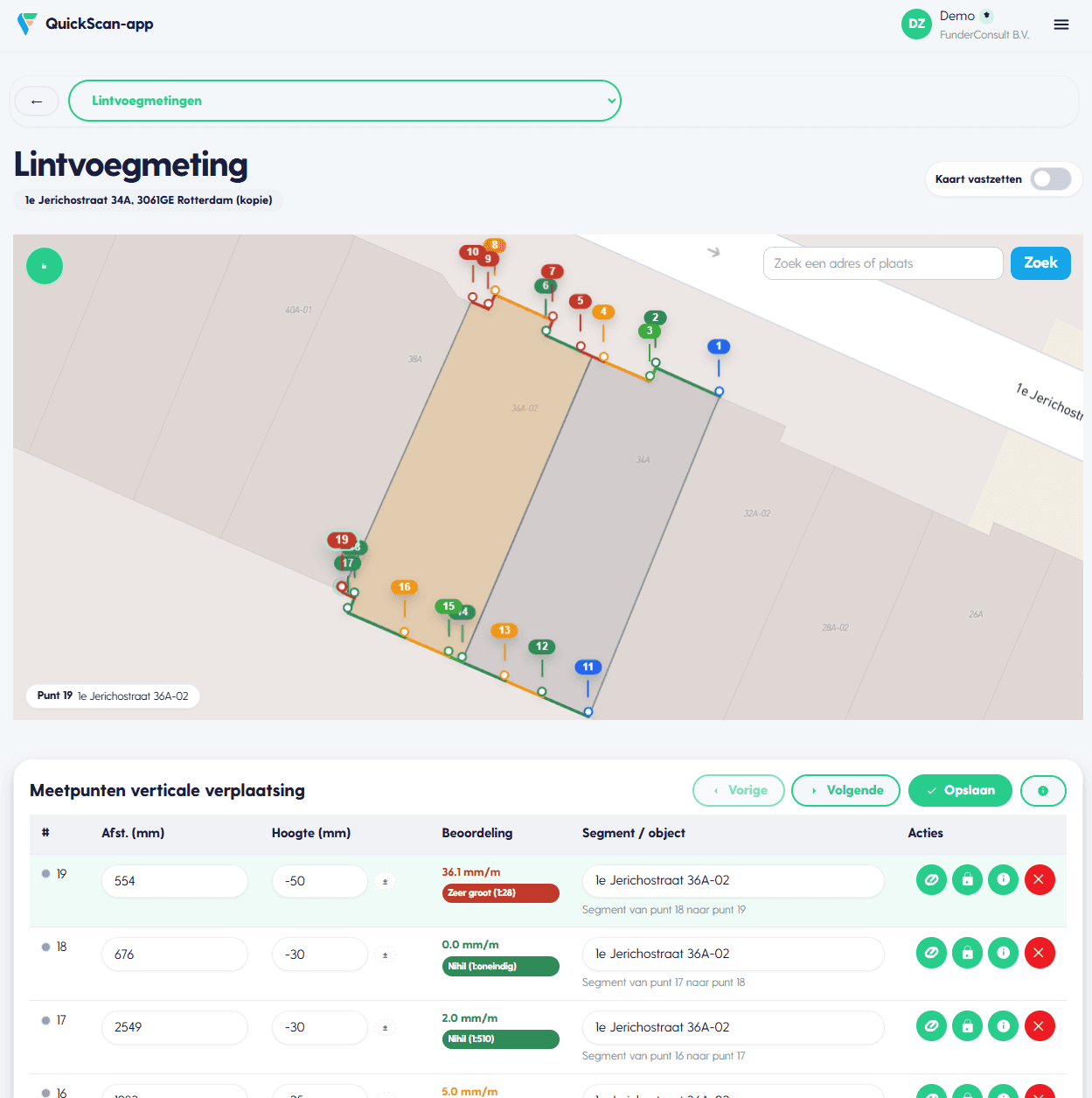 FunderScan — lintvoegmeting met meetpunten op de gevel