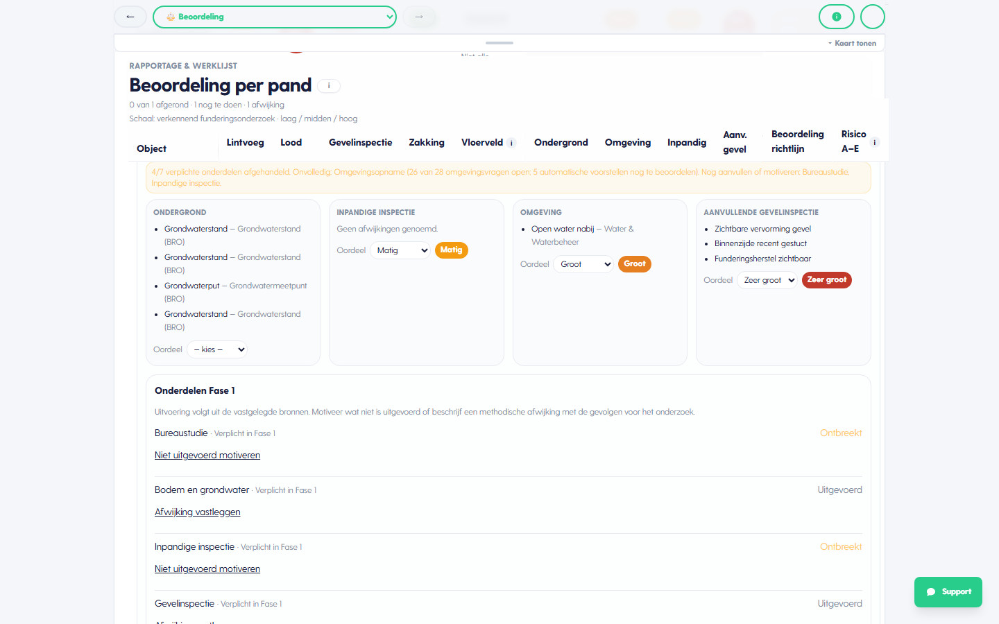Beoordeling per pand met de meetkolommen en de eigen beoordeling