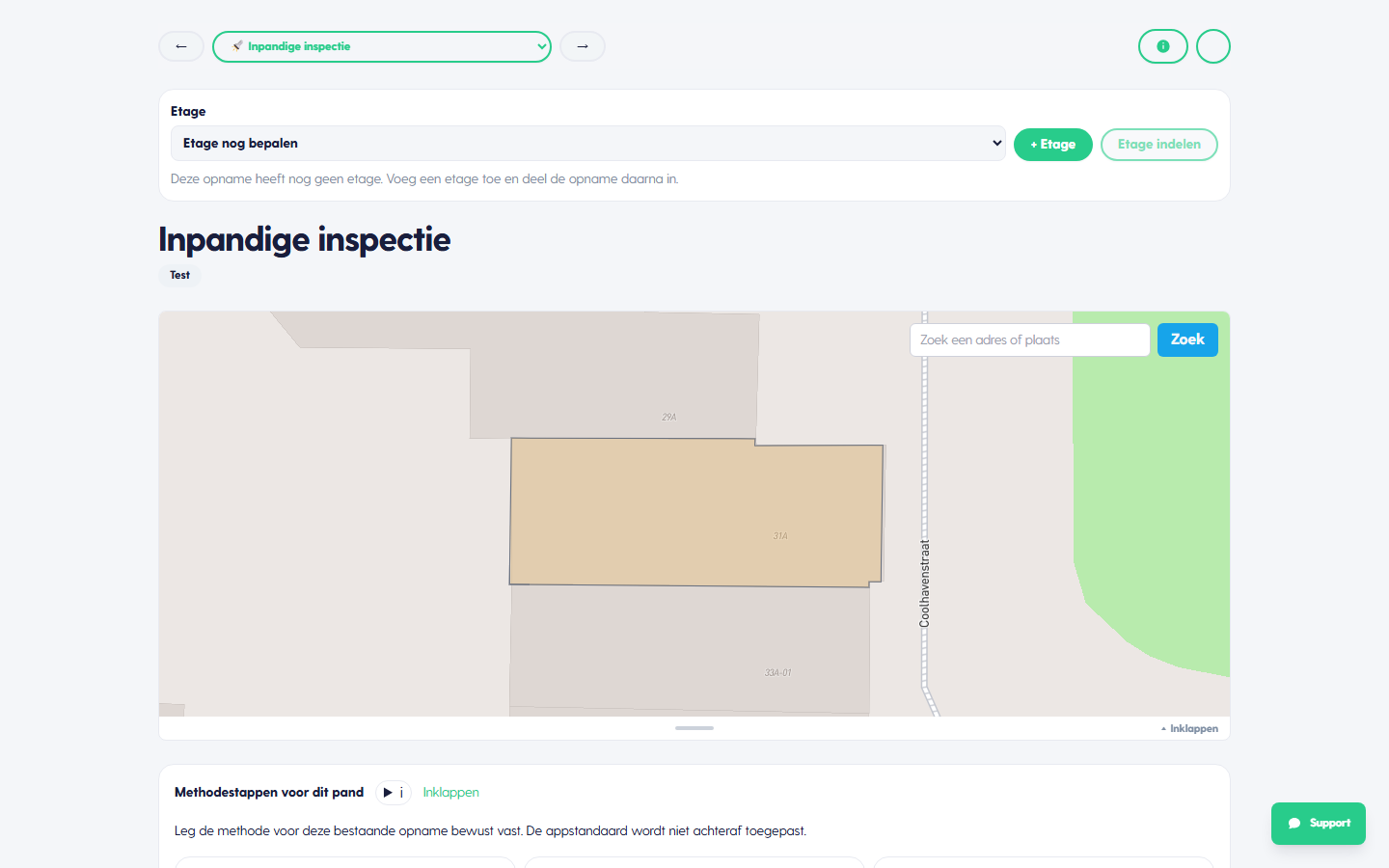Inpandige inspectie met etagekeuze, kaart en methodestappen