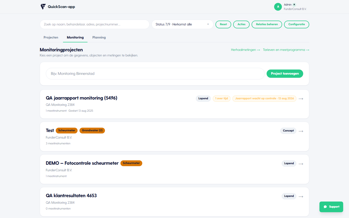 Monitoringprojecten in het projectenoverzicht