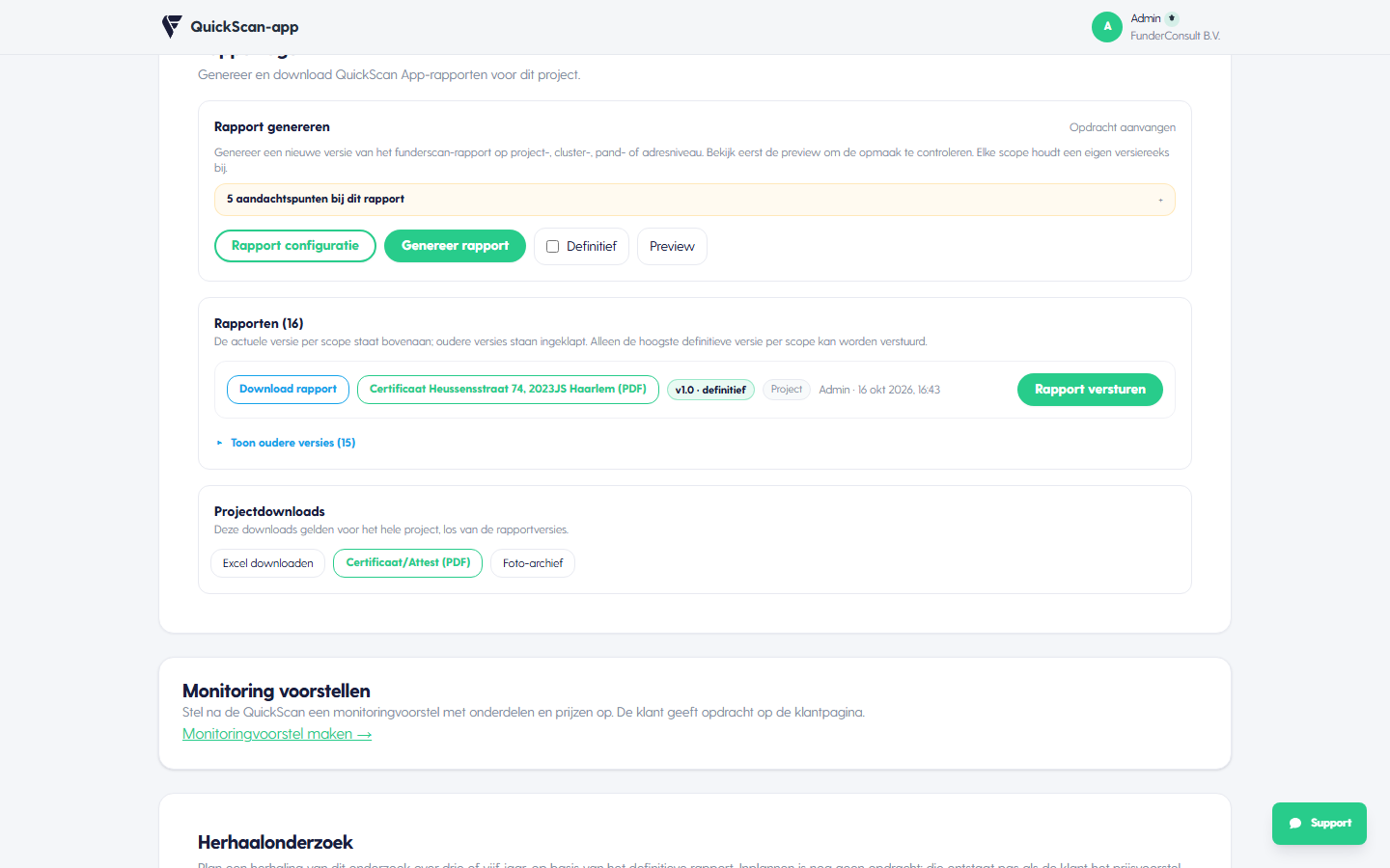 Rapportage met genereren, versies en projectdownloads