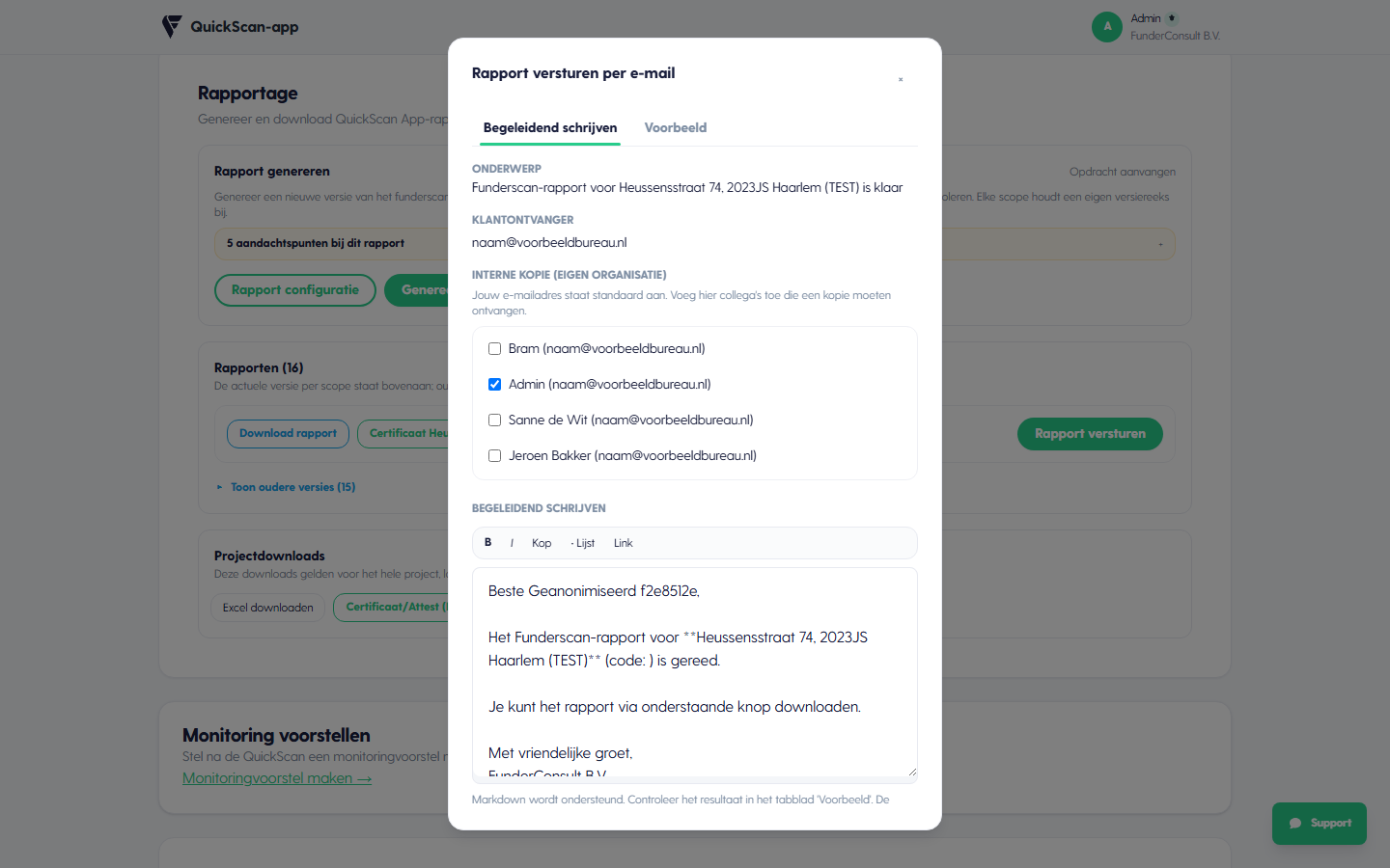 Het venster Rapport versturen met het begeleidend schrijven