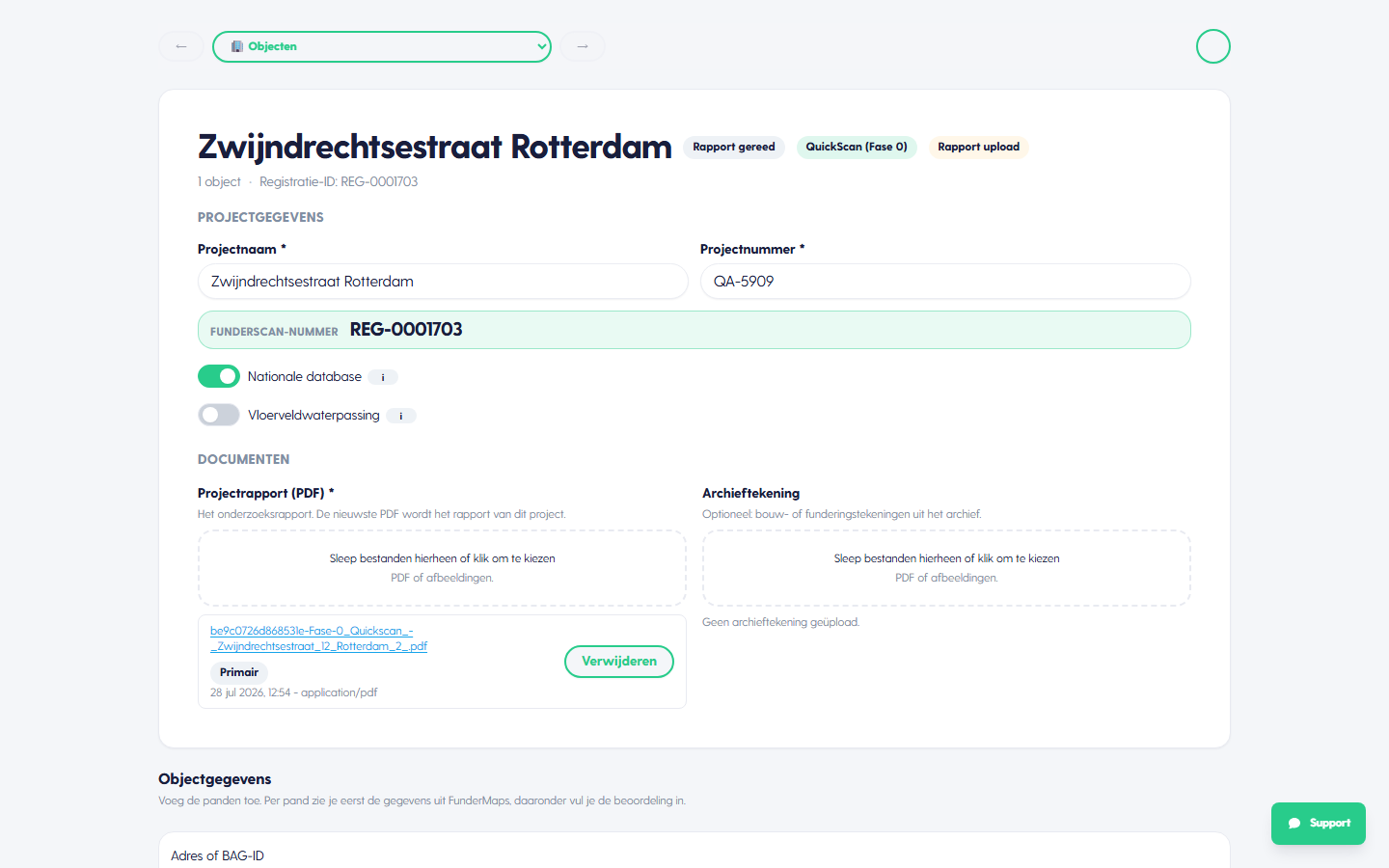 Rapport upload met projectgegevens en documenten